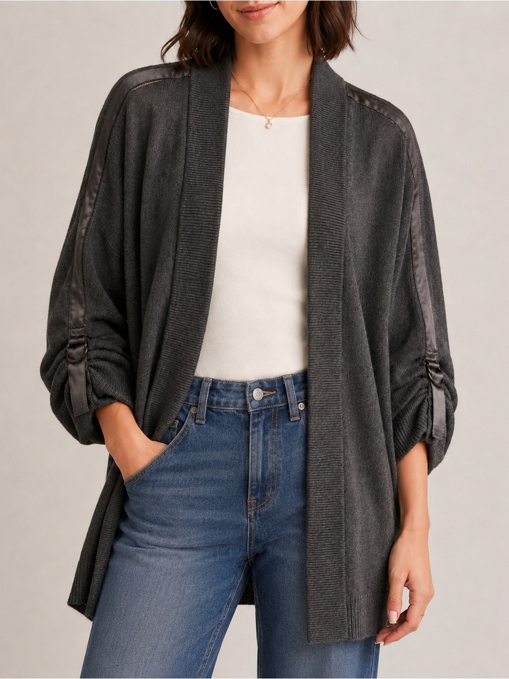 White House Black Market Charcoal Satin Trim Long Cardigan S